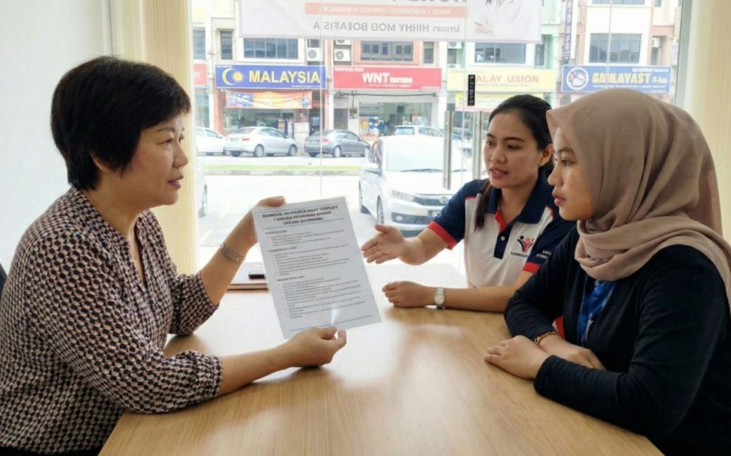 Maid agency in Johor employer presenting bilingual household rules template to Indonesian domestic helper