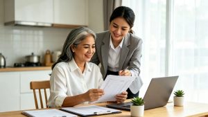 A smiling Malaysian employer sitting at a bright home office desk reviewing a document checklist with a JB maid agency consultant who is gesturing warmly at the paperwork, both looking confident and relaxed