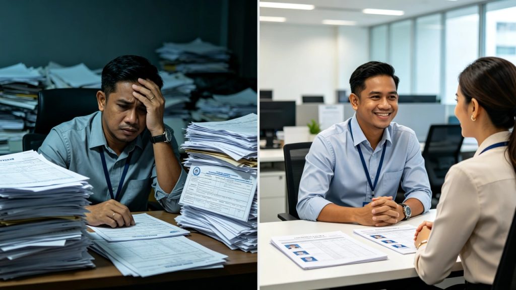 A split image comparison showing on the left a stressed employer sitting alone surrounded by piles of paperwork for direct maid hiring, and on the right a smiling JB family with a cheerful maid and a friendly maid agency consultant in a bright Johor Bahru setting