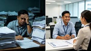 A split image comparison showing on the left a stressed employer sitting alone surrounded by piles of paperwork for direct maid hiring, and on the right a smiling JB family with a cheerful maid and a friendly maid agency consultant in a bright Johor Bahru setting