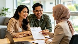 A friendly maid agency consultant in Johor Bahru sitting across a table from a smiling Malaysian employer couple, both looking at maid biodata profiles on a desk with paperwork and a laptop in a bright modern office