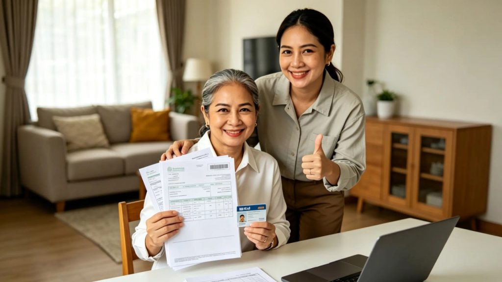 A neat flat-lay arrangement on a bright white desk showing organised documents including a Malaysian MyKad, payslips, a utility bill, a marriage certificate, and a pen, with a small AP Fomas Maid branded folder and a cheerful plant in the background