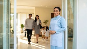 A smiling Malaysian working couple in smart office attire arriving home together in the evening to find their cheerful live-in maid welcoming them at the door of their bright Johor Bahru home, with a tidy living room and happy young children visible in the backgroun