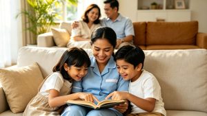 A heartwarming scene in a bright Johor Bahru home showing a smiling Southeast Asian live-in maid standing happily with a Malaysian family of four including two children and their parents, everyone looking relaxed and comfortable together as if they have known each other for years