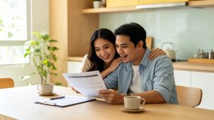 A smiling first-time Malaysian employer couple sitting across from a friendly AP Fomas maid agency Johor Bahru consultant at a bright modern desk, reviewing maid biodata profiles together with excited and confident expressions