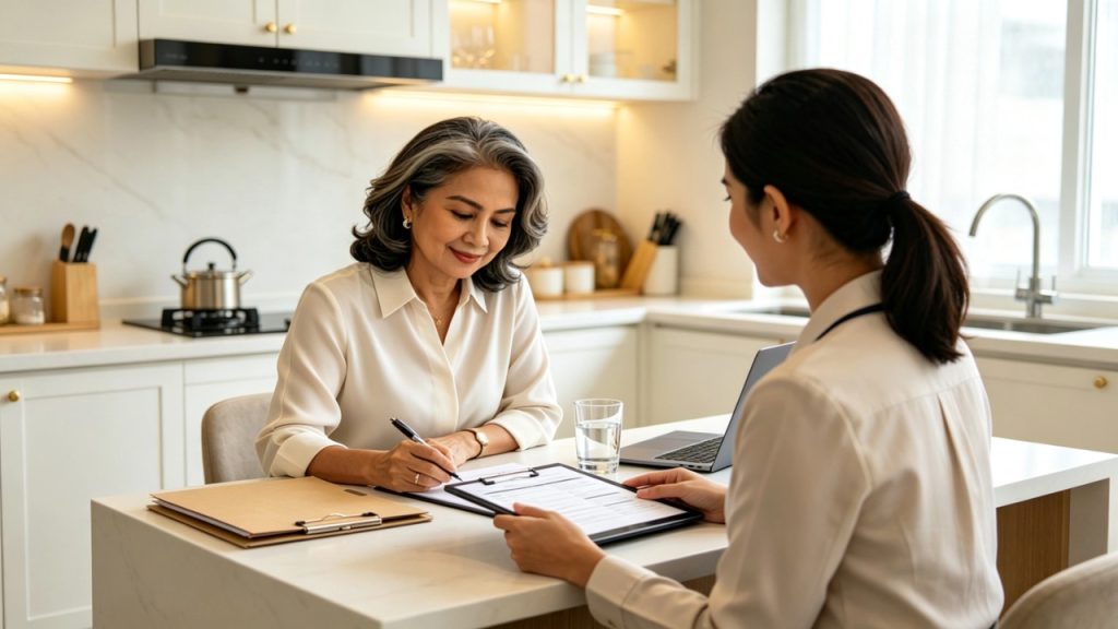 A thoughtful and confident Malay woman employer sitting at a kitchen table reviewing a transparent fee document from a maid agency in Johor, with a friendly female maid agency consultant across the table explaining each item clearly with an open, honest expression in a bright home setting