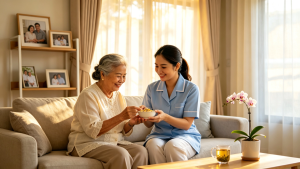 A cheerful Southeast Asian live-in maid in a neat light blue uniform sitting beside a smiling elderly Malaysian grandfather in a bright and comfortable Johor Bahru home living room, sharing a meal tray together with warm sunlight filling the room