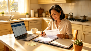 A composed and determined Malaysian woman employer sitting at a bright kitchen table reviewing a printed document checklist with a pen in hand, looking focused and empowered, with a laptop open to a government portal and a cup of coffee nearby