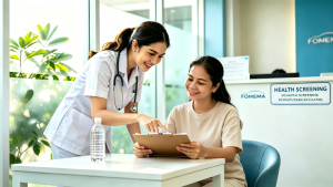 A friendly and professional Malaysian nurse at a bright FOMEMA-approved clinic in Johor Bahru smiling warmly at a Southeast Asian foreign domestic helper who is seated calmly at a medical check-in desk, with clear health screening signage visible in the clean and modern clinic background