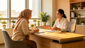 A confident Malaysian woman employer sitting across a desk from a professional AP Fomas JB maid agency consultant in a bright, welcoming office, holding a printed list of questions and listening attentively during a pre-signing consultation meeting