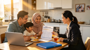 A smiling Malaysian family of three sitting at a bright kitchen table reviewing a printed cost breakdown document with a friendly AP Fomas maid agency Johor Bahru consultant, looking relaxed and well-informed