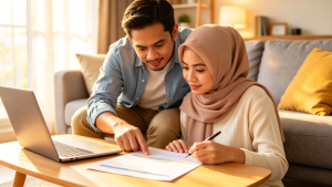 A calm and organised Malaysian woman employer writing key dates on a bright wall calendar in a tidy Johor Bahru home office, with an open laptop showing the AP Fomas maid agency website, looking prepared and in control of the maid hiring timeline